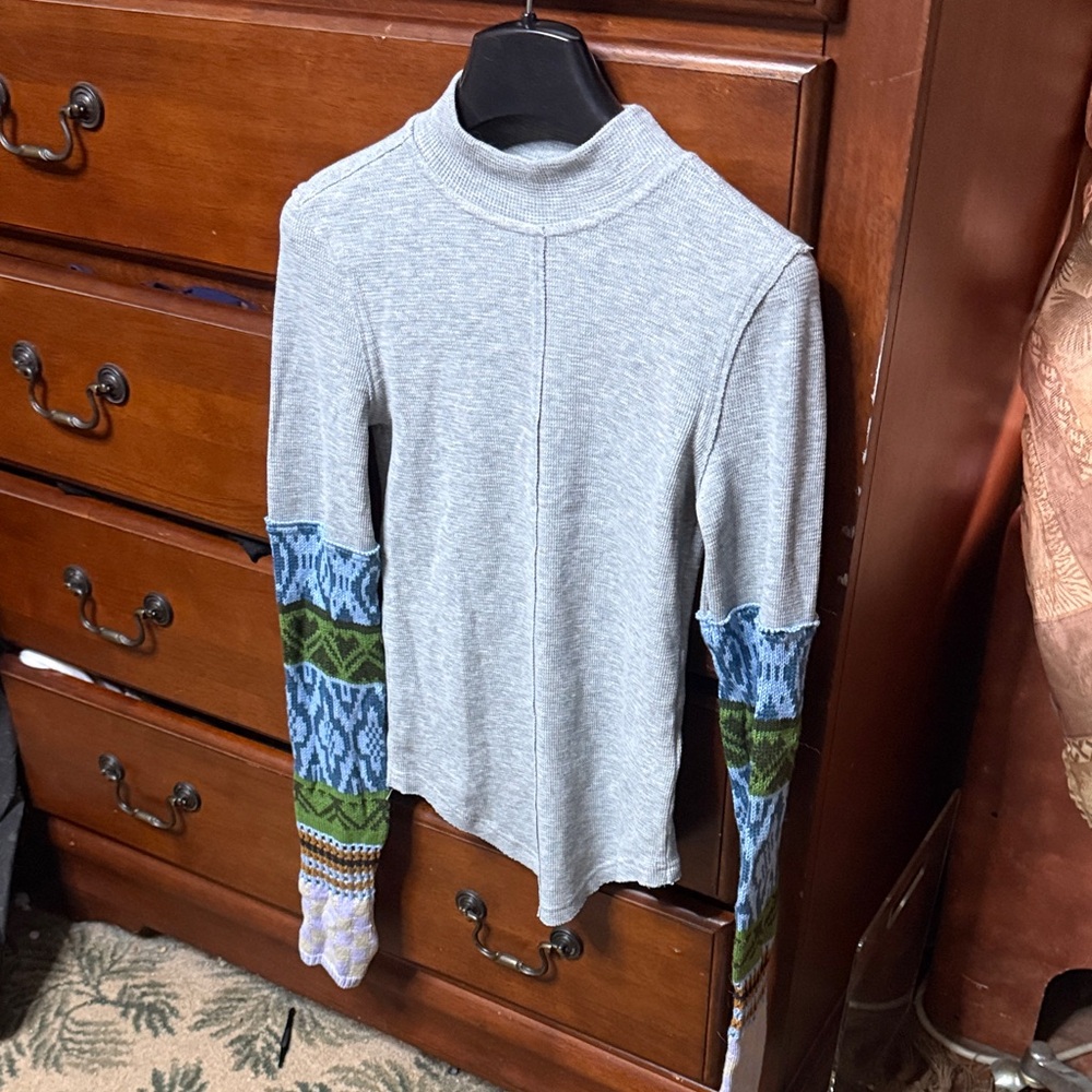 Free People Gray Long Sleeve Top with Blue and Green Accents